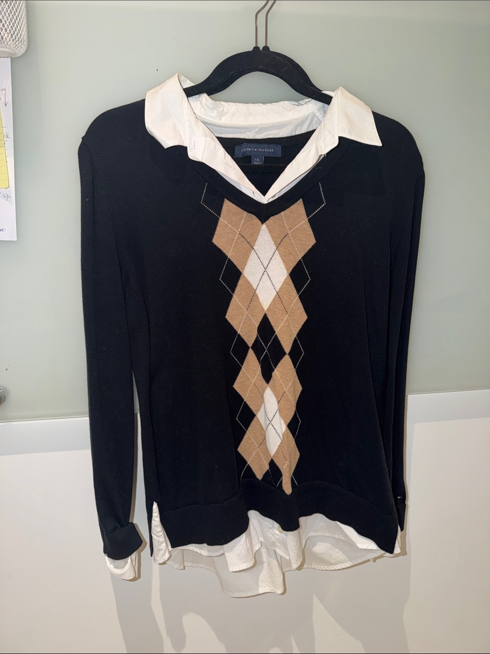 Tommy Hilfiger Black V-Neck Sweater with Tan Argyle and White Shirt Detail